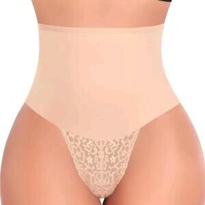 NWT Womens Lace Thong Shapewear Mid to High Waisted Shaper Thong Beige, Small